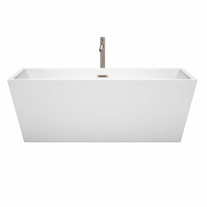 Wyndham Collection Sara 67" Freestanding Bathtub in White With Floor Mounted Faucet, Drain and Overflow Trim in Brushed Nickel