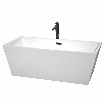Wyndham Collection Sara 67" Freestanding Bathtub in White With Floor Mounted Faucet, Drain and Overflow Trim in Matte Black