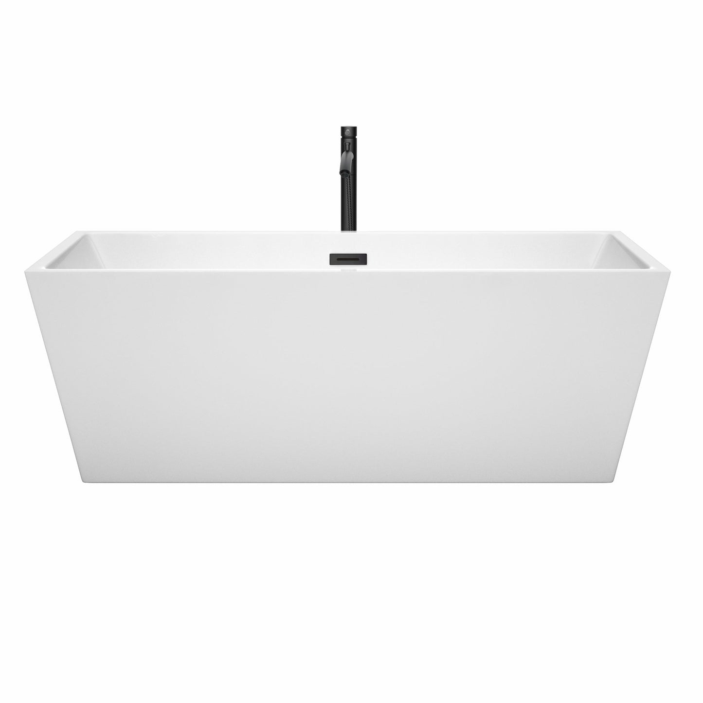 Wyndham Collection Sara 67" Freestanding Bathtub in White With Floor Mounted Faucet, Drain and Overflow Trim in Matte Black