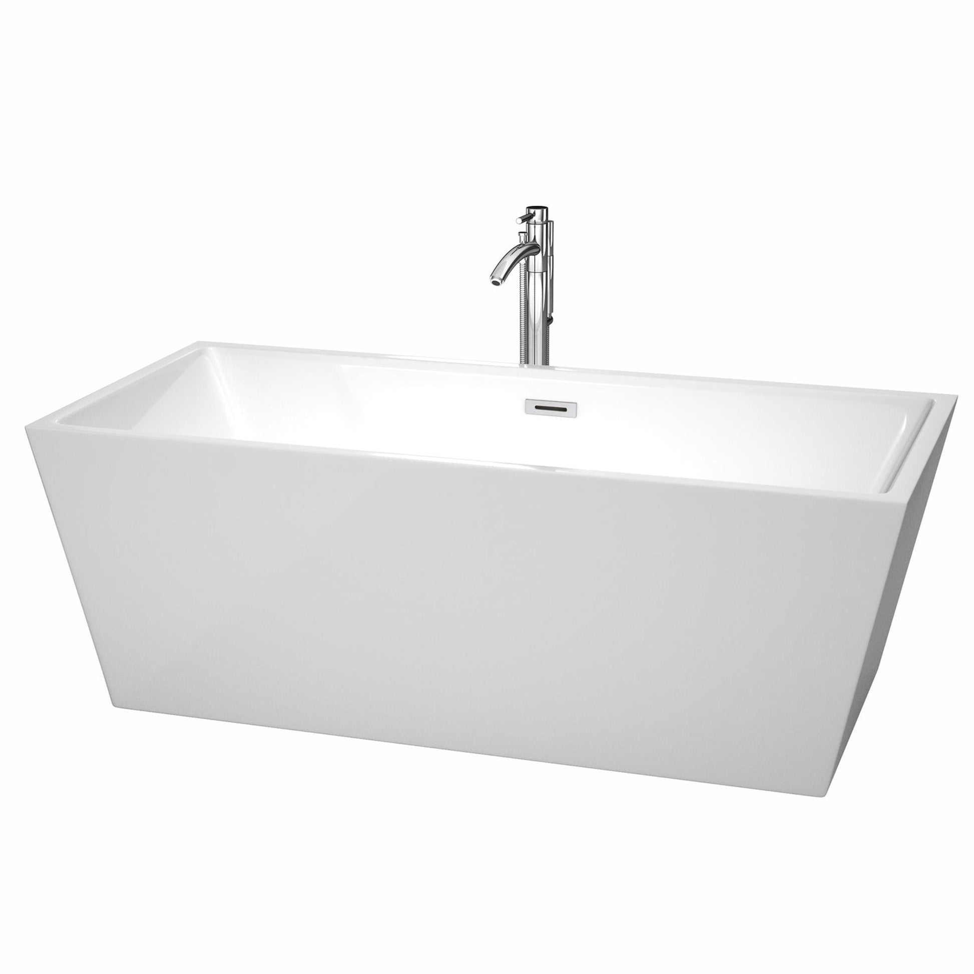 Wyndham Collection Sara 67" Freestanding Bathtub in White With Floor Mounted Faucet, Drain and Overflow Trim in Polished Chrome