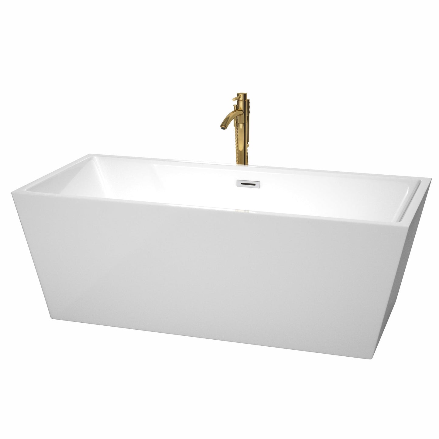 Wyndham Collection Sara 67" Freestanding Bathtub in White With Polished Chrome Trim and Floor Mounted Faucet in Brushed Gold