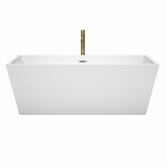 Wyndham Collection Sara 67" Freestanding Bathtub in White With Polished Chrome Trim and Floor Mounted Faucet in Brushed Gold