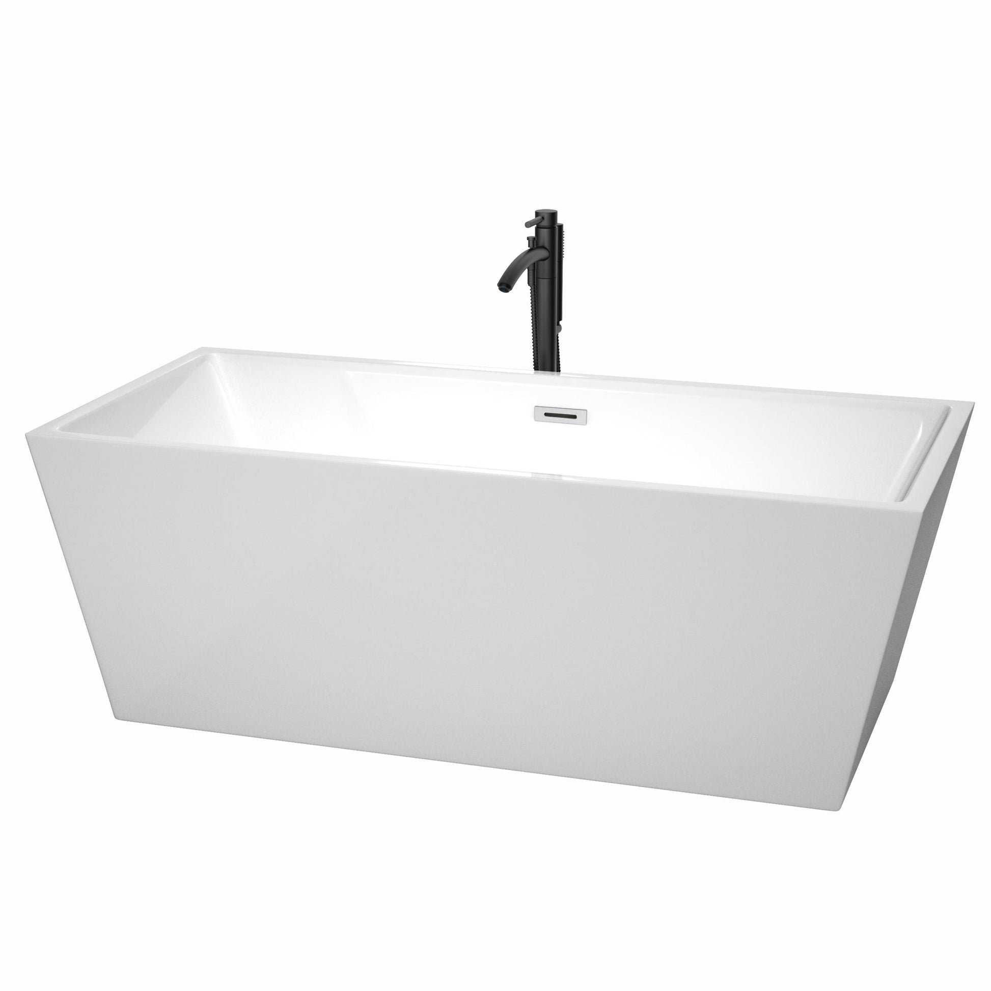Wyndham Collection Sara 67" Freestanding Bathtub in White With Polished Chrome Trim and Floor Mounted Faucet in Matte Black