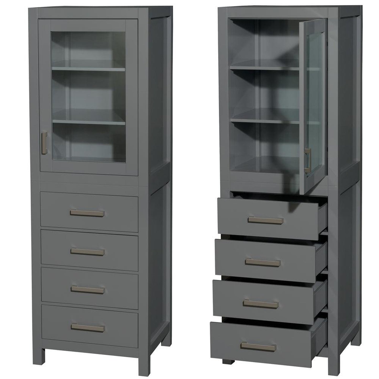 Wyndham Collection Sheffield 24" Linen Tower in Dark Gray With Shelved Cabinet Storage and 4 Drawers
