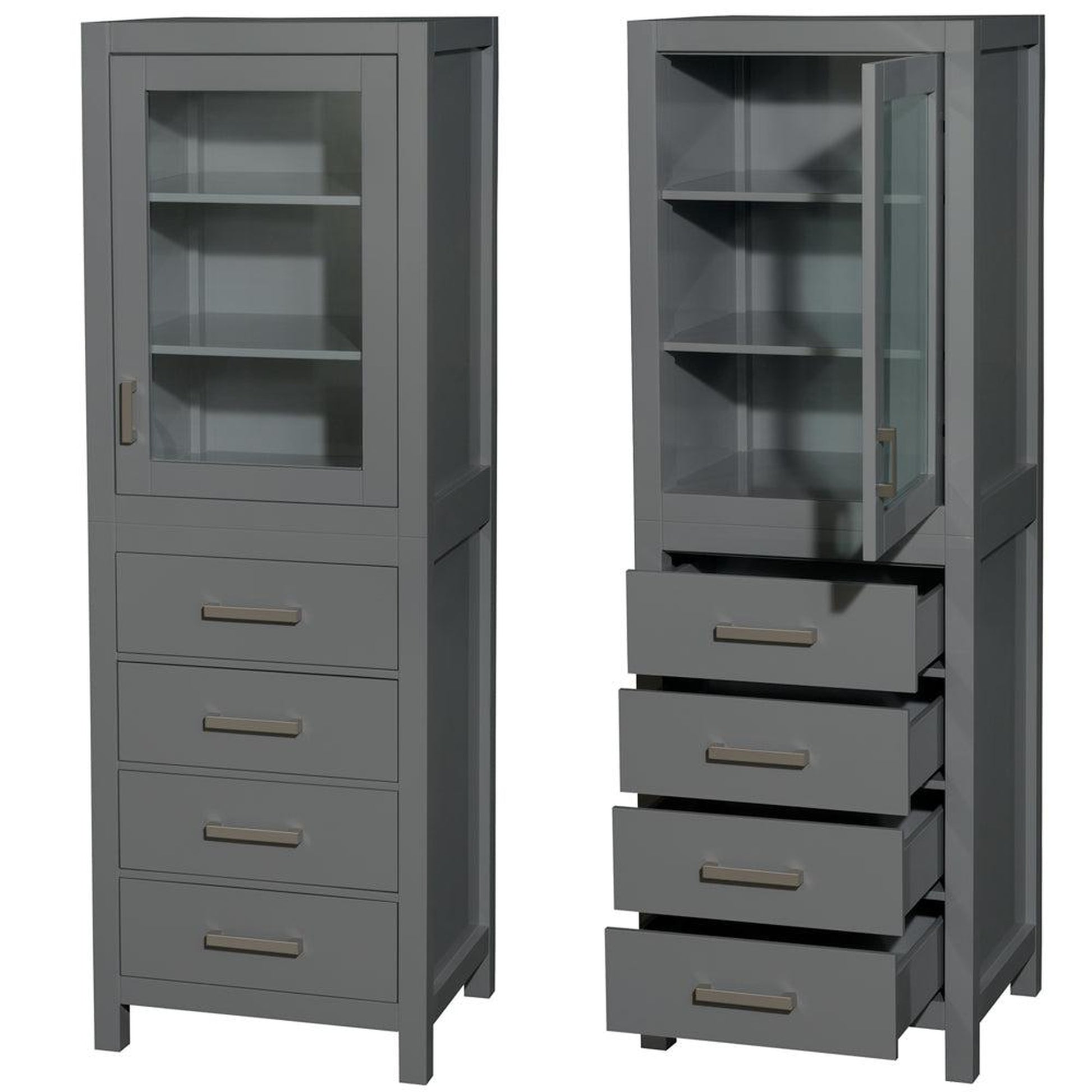 Wyndham Collection Sheffield 24" Linen Tower in Dark Gray With Shelved Cabinet Storage and 4 Drawers