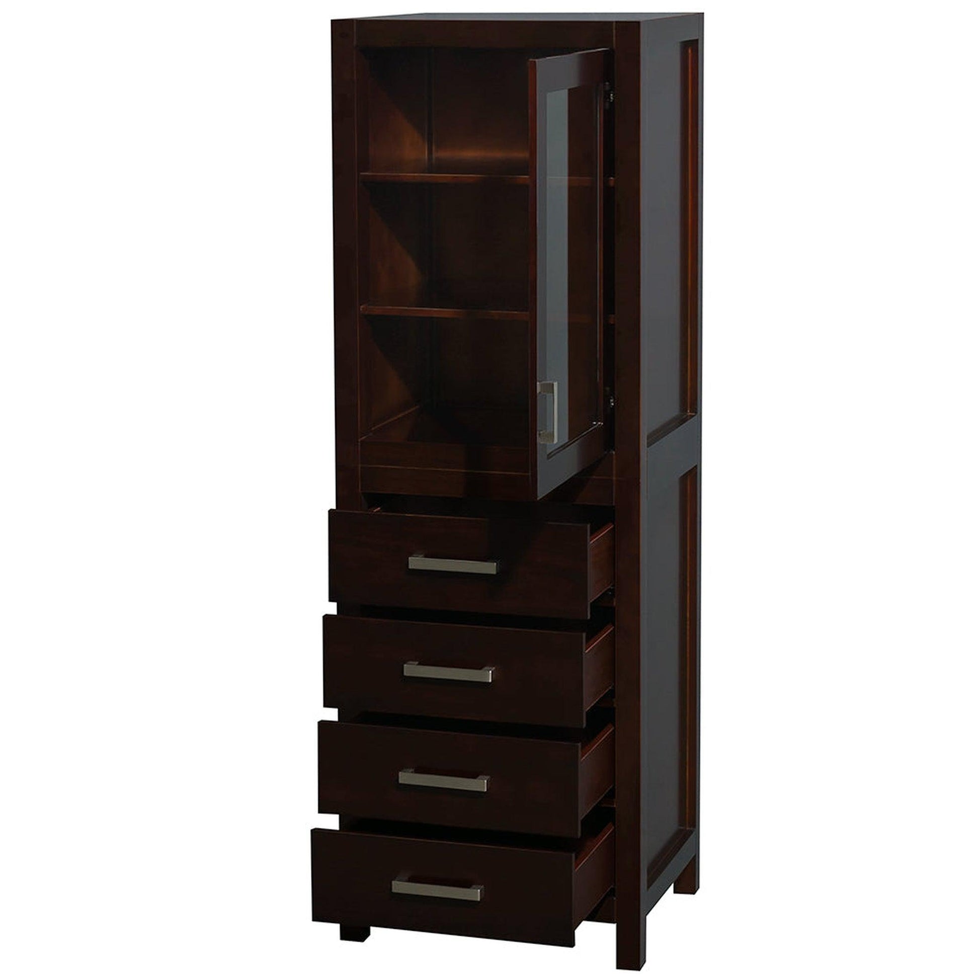 Wyndham Collection Sheffield 24" Linen Tower in Espresso With Shelved Cabinet Storage and 4 Drawers