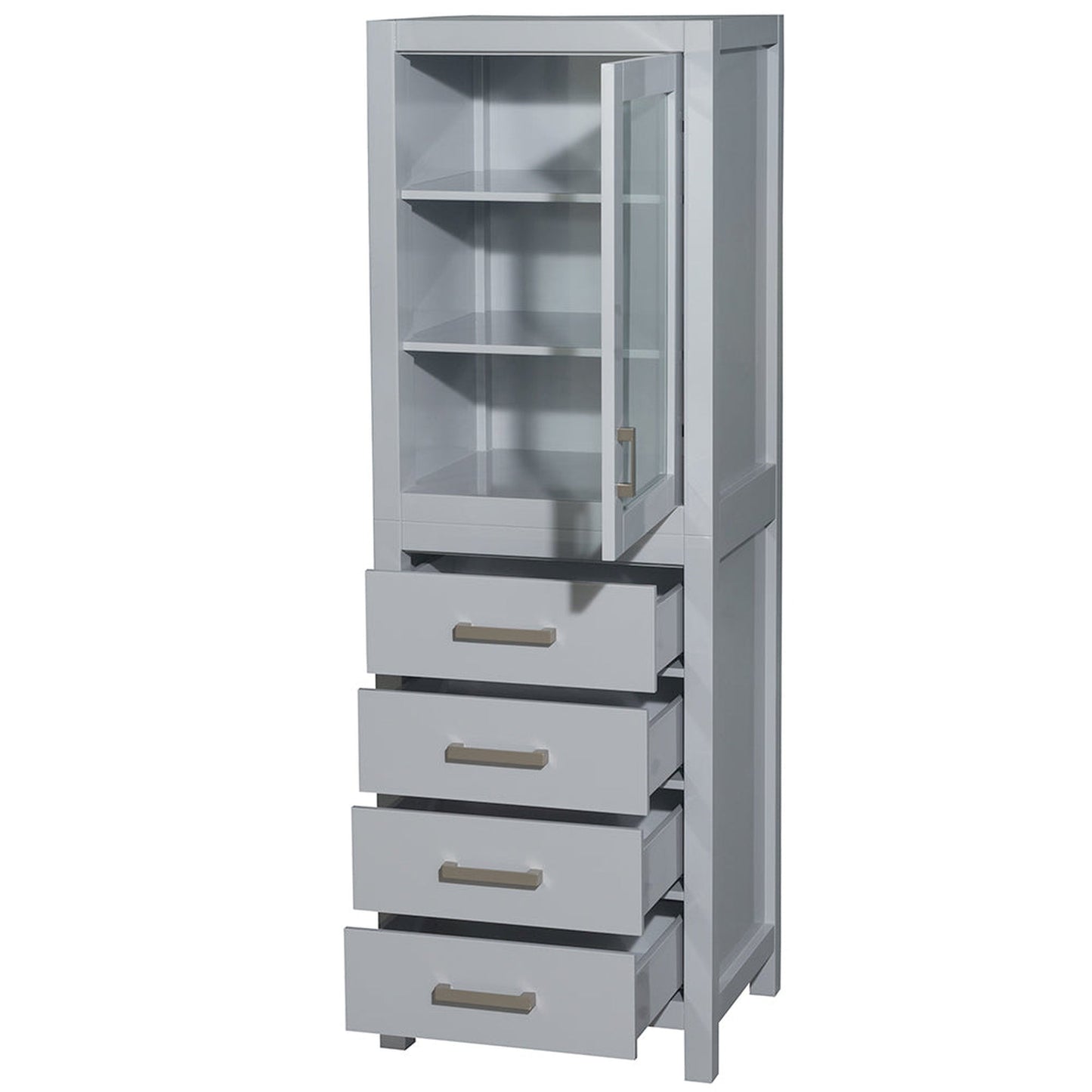 Wyndham Collection Sheffield 24" Linen Tower in Gray With Shelved Cabinet Storage and 4 Drawers