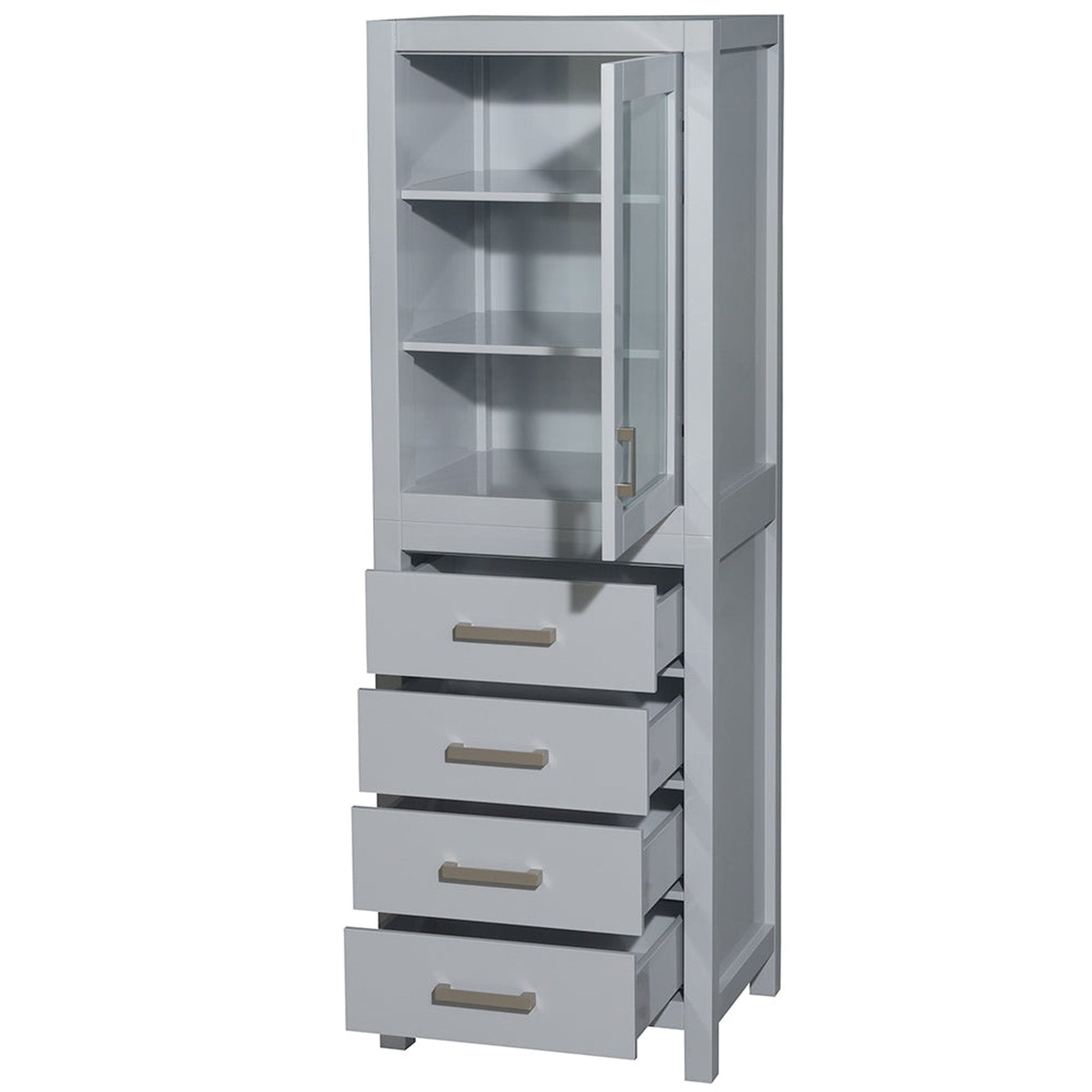 Wyndham Collection Sheffield 24" Linen Tower in Gray With Shelved Cabinet Storage and 4 Drawers