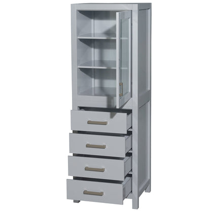 Wyndham Collection Sheffield 24" Linen Tower in Gray With Shelved Cabinet Storage and 4 Drawers