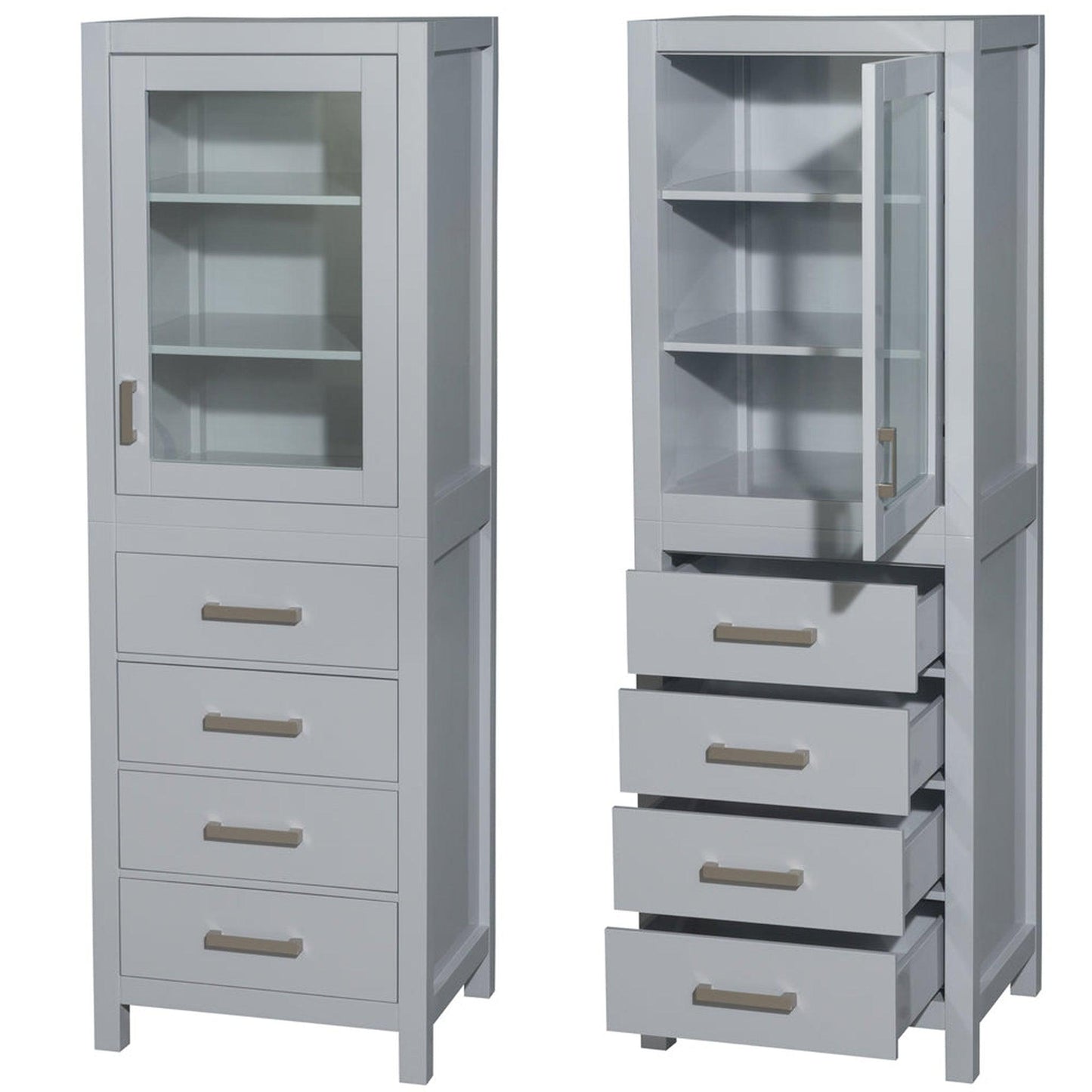 Wyndham Collection Sheffield 24" Linen Tower in Gray With Shelved Cabinet Storage and 4 Drawers