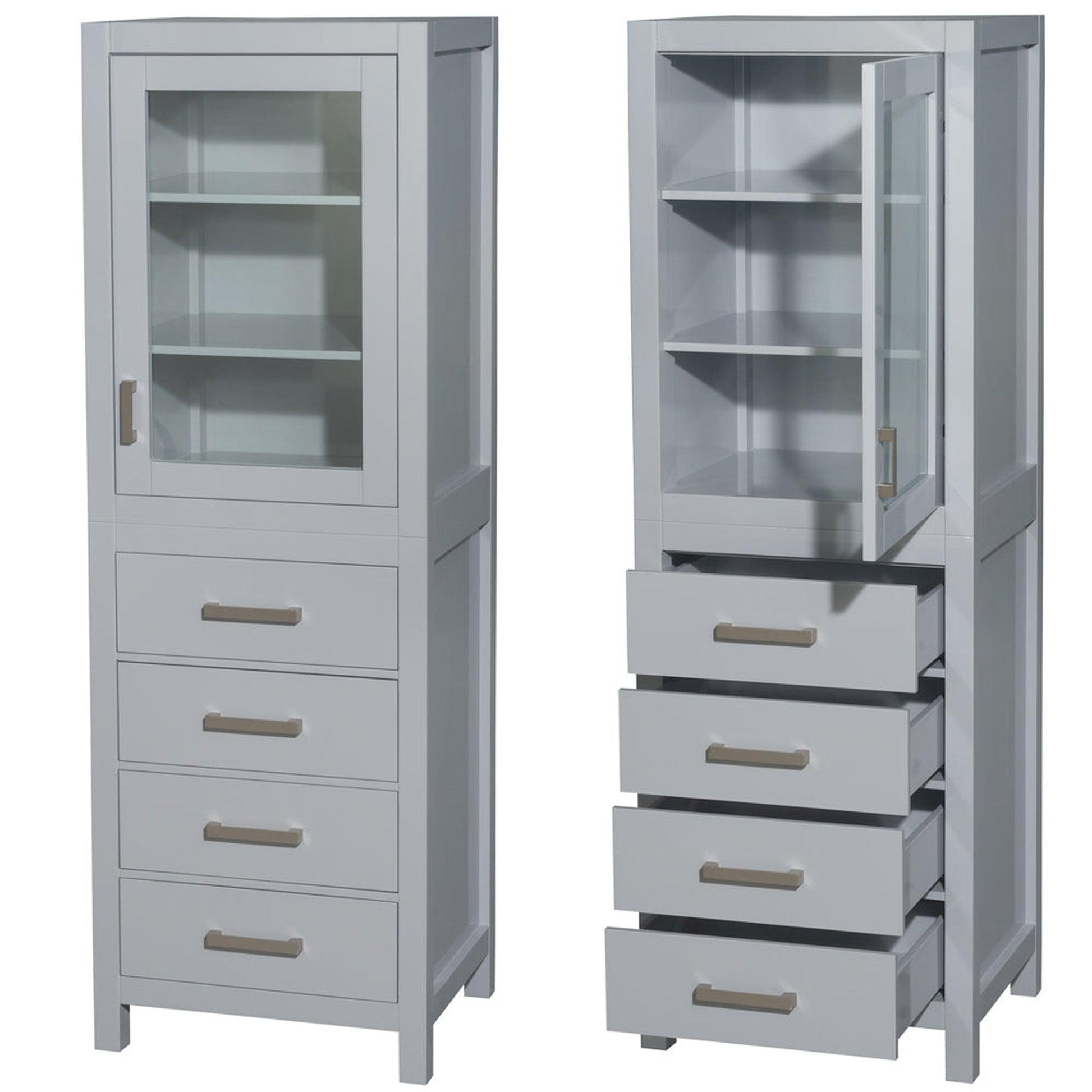 Wyndham Collection Sheffield 24" Linen Tower in Gray With Shelved Cabinet Storage and 4 Drawers
