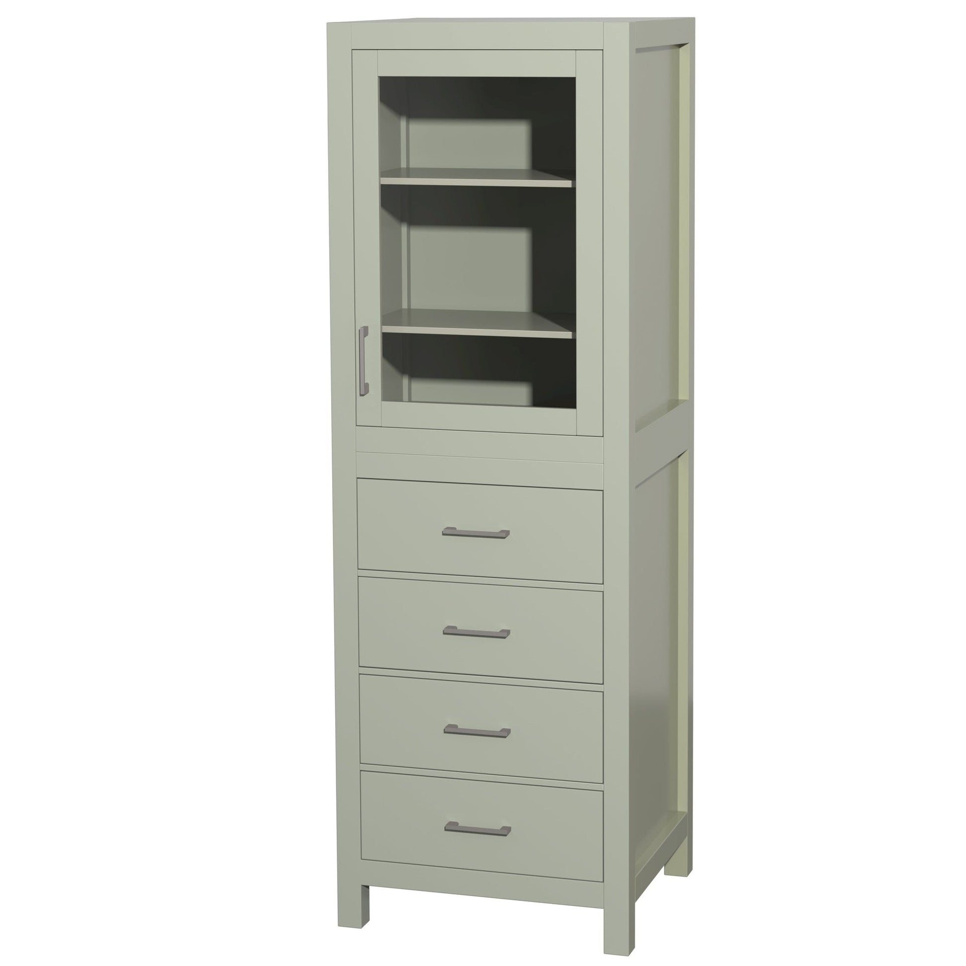 Wyndham Collection Sheffield 24" Linen Tower in Light Green With Shelved Cabinet Storage and 4 Drawers