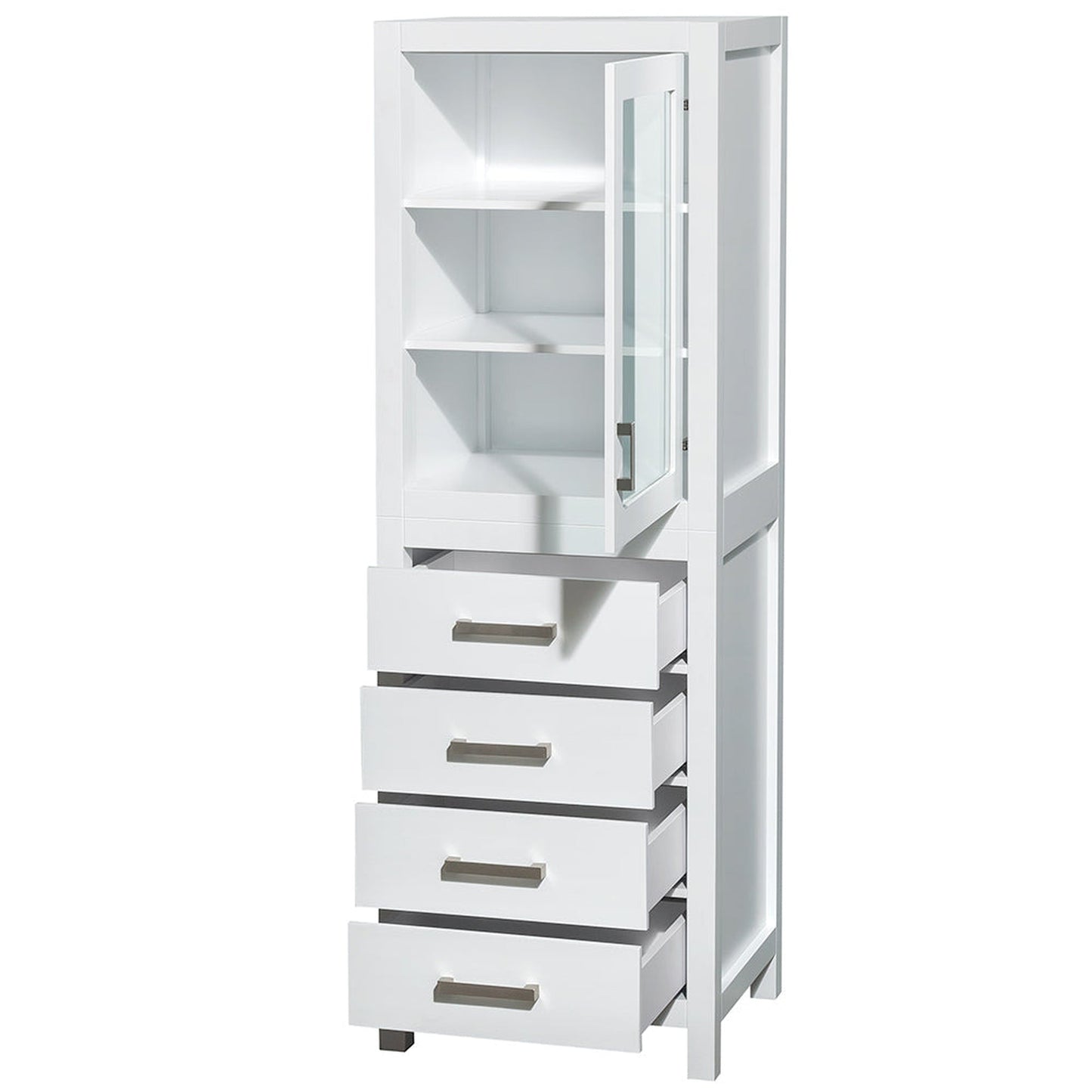 Wyndham Collection Sheffield 24" Linen Tower in White With Shelved Cabinet Storage and 4 Drawers