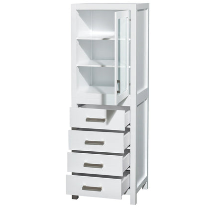 Wyndham Collection Sheffield 24" Linen Tower in White With Shelved Cabinet Storage and 4 Drawers