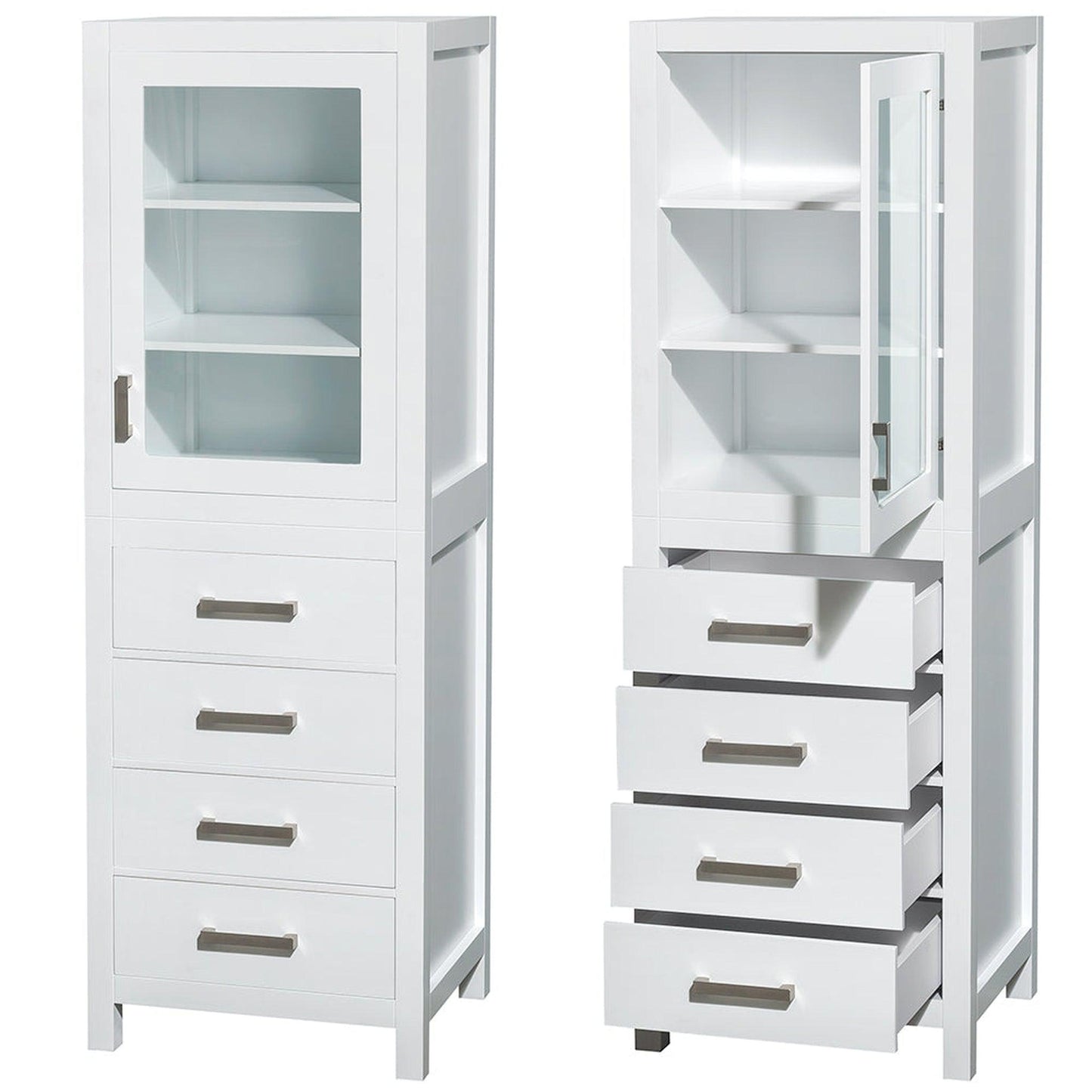 Wyndham Collection Sheffield 24" Linen Tower in White With Shelved Cabinet Storage and 4 Drawers