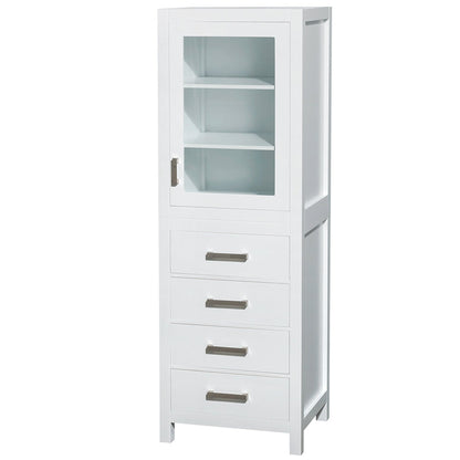 Wyndham Collection Sheffield 24" Linen Tower in White With Shelved Cabinet Storage and 4 Drawers