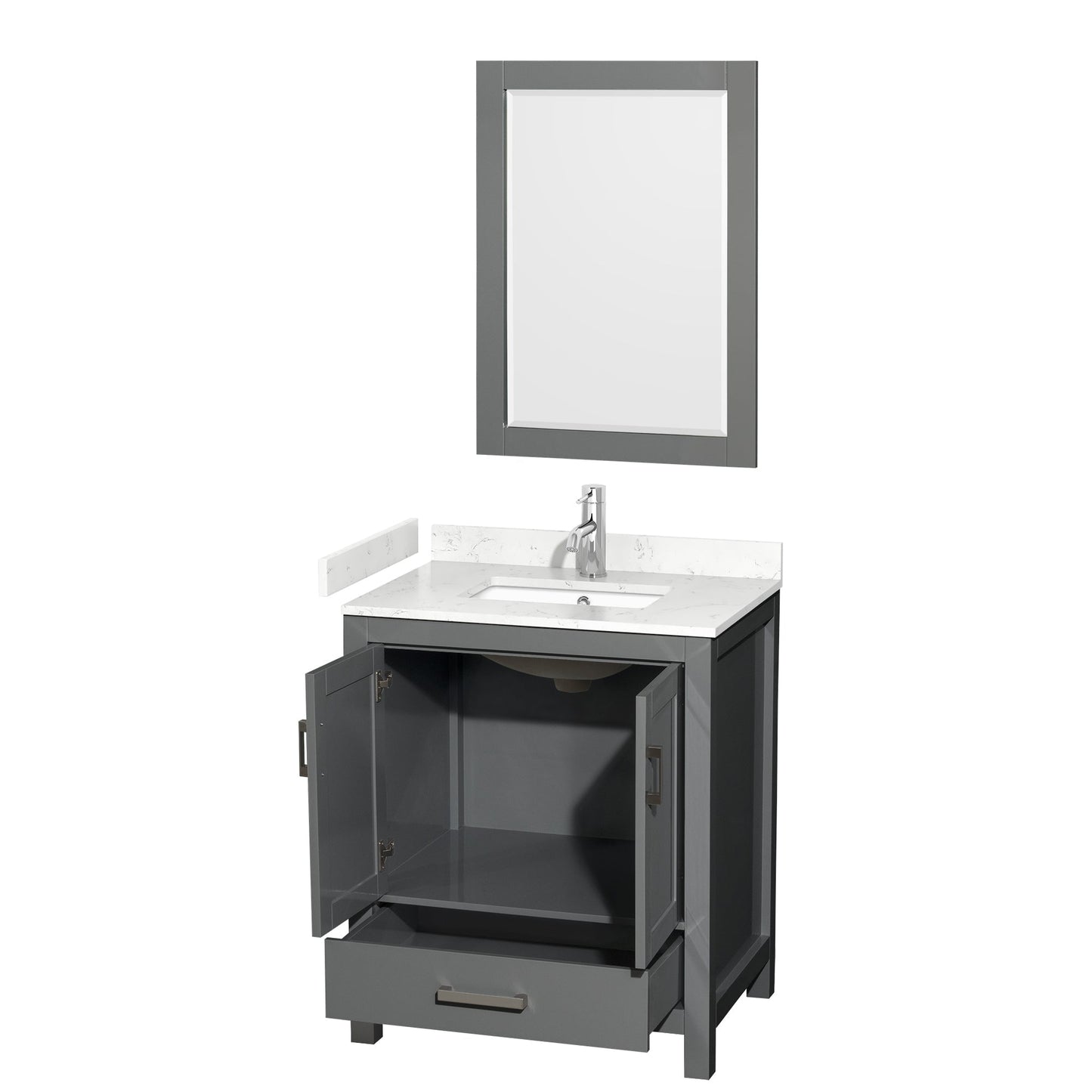 Wyndham Collection Sheffield 30" Single Bathroom Vanity in Dark Gray, Carrara Cultured Marble Countertop, Undermount Square Sink, 24" Mirror