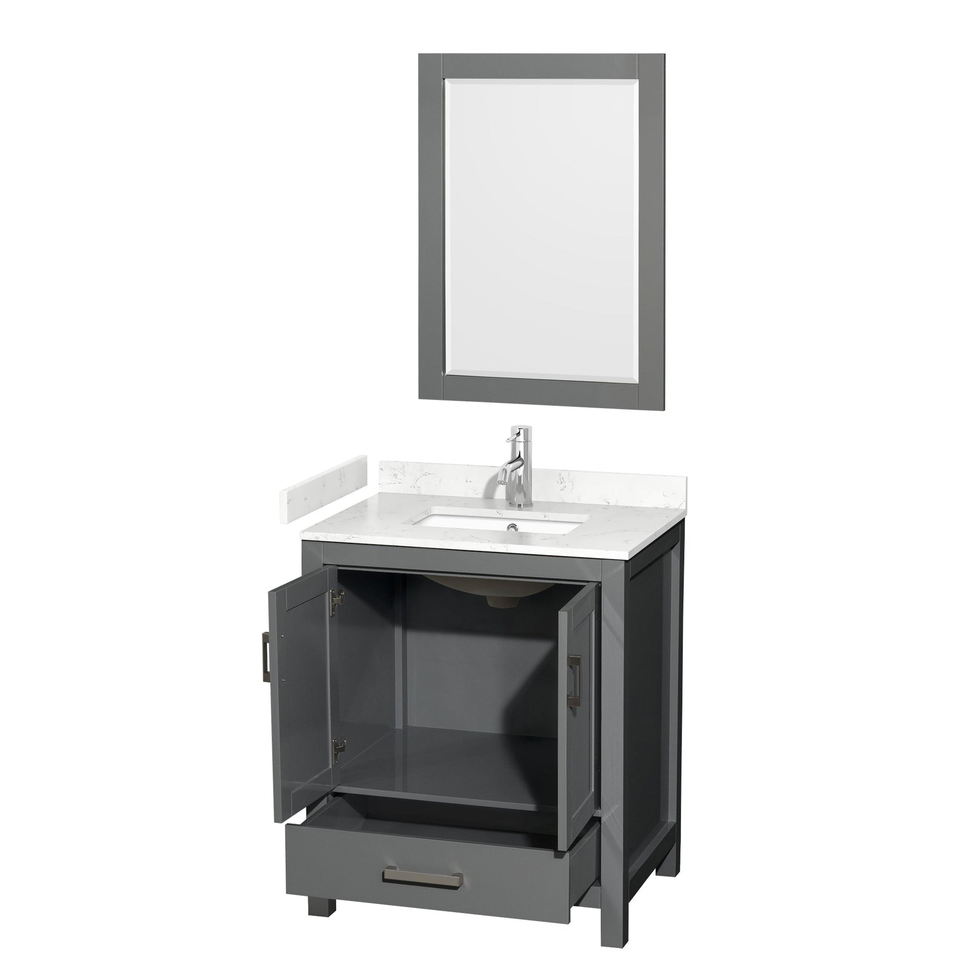 Wyndham Collection Sheffield 30" Single Bathroom Vanity in Dark Gray, Carrara Cultured Marble Countertop, Undermount Square Sink, 24" Mirror