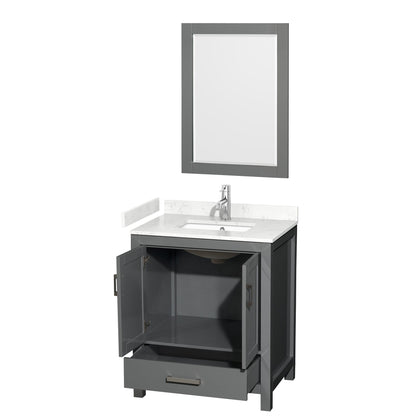 Wyndham Collection Sheffield 30" Single Bathroom Vanity in Dark Gray, Carrara Cultured Marble Countertop, Undermount Square Sink, 24" Mirror