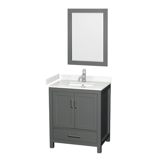Wyndham Collection Sheffield 30" Single Bathroom Vanity in Dark Gray, Carrara Cultured Marble Countertop, Undermount Square Sink, 24" Mirror