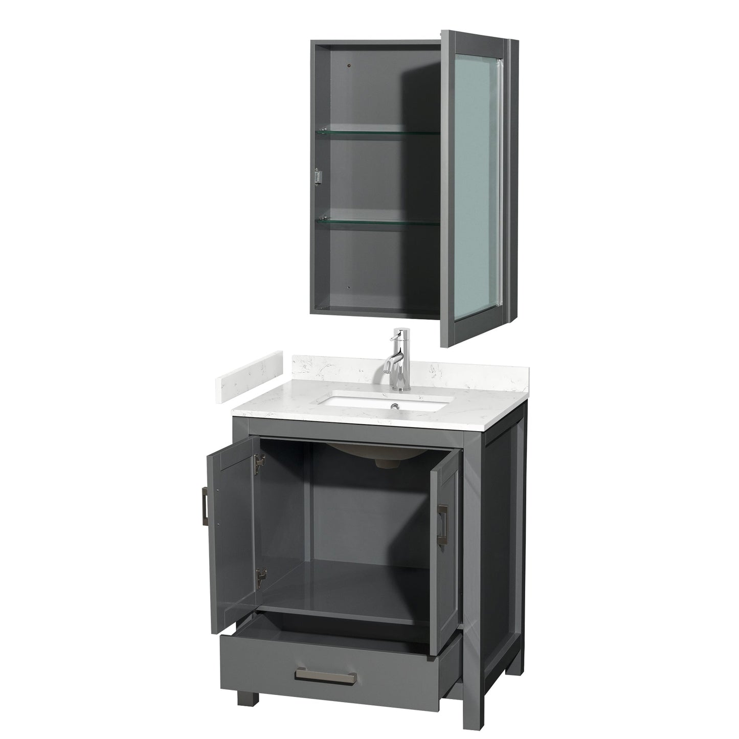 Wyndham Collection Sheffield 30" Single Bathroom Vanity in Dark Gray, Carrara Cultured Marble Countertop, Undermount Square Sink, Medicine Cabinet