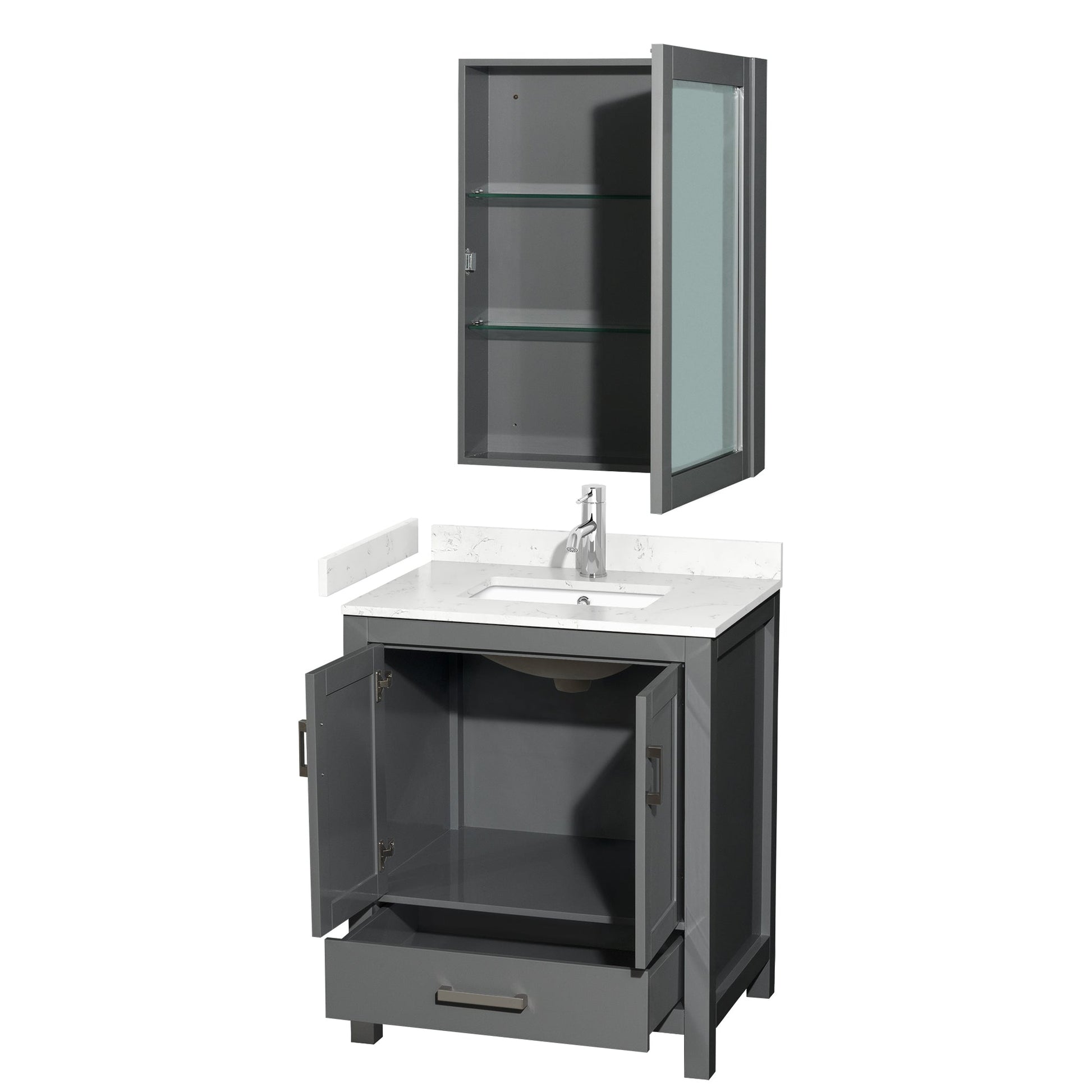 Wyndham Collection Sheffield 30" Single Bathroom Vanity in Dark Gray, Carrara Cultured Marble Countertop, Undermount Square Sink, Medicine Cabinet