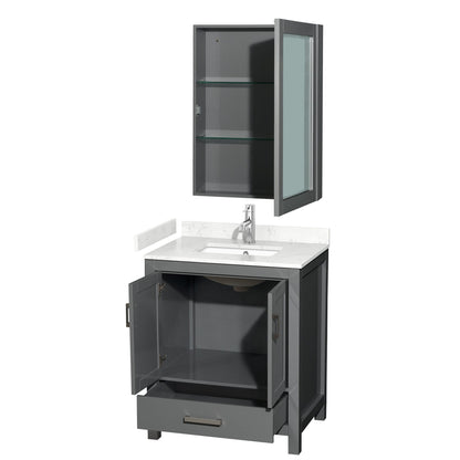 Wyndham Collection Sheffield 30" Single Bathroom Vanity in Dark Gray, Carrara Cultured Marble Countertop, Undermount Square Sink, Medicine Cabinet