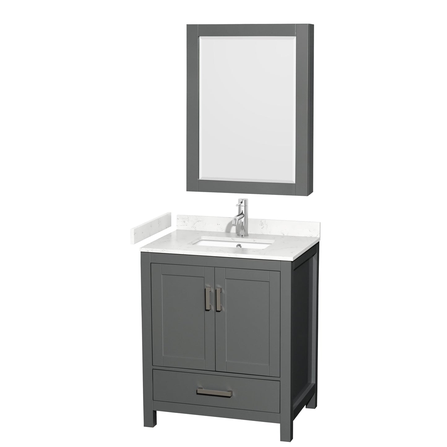 Wyndham Collection Sheffield 30" Single Bathroom Vanity in Dark Gray, Carrara Cultured Marble Countertop, Undermount Square Sink, Medicine Cabinet