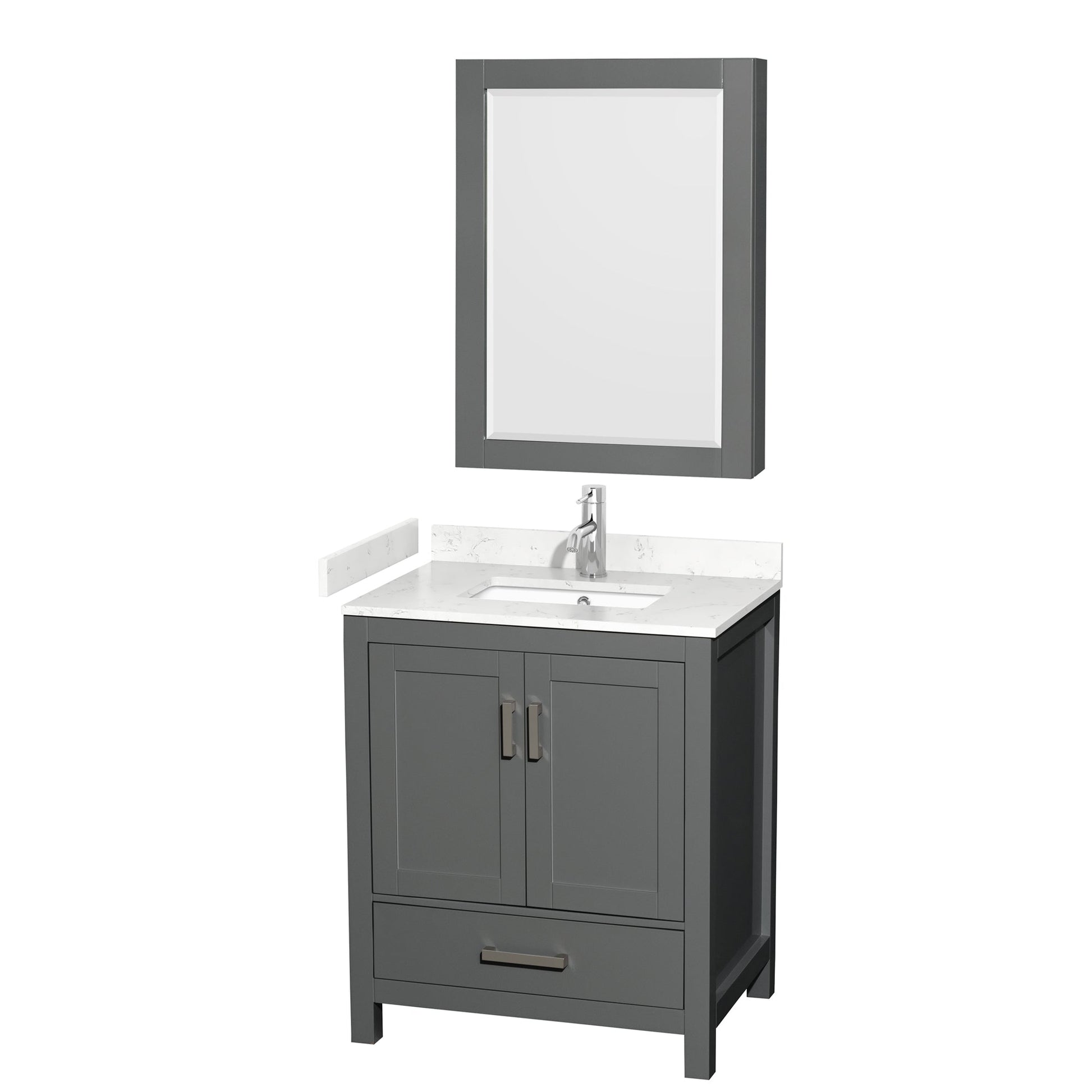 Wyndham Collection Sheffield 30" Single Bathroom Vanity in Dark Gray, Carrara Cultured Marble Countertop, Undermount Square Sink, Medicine Cabinet