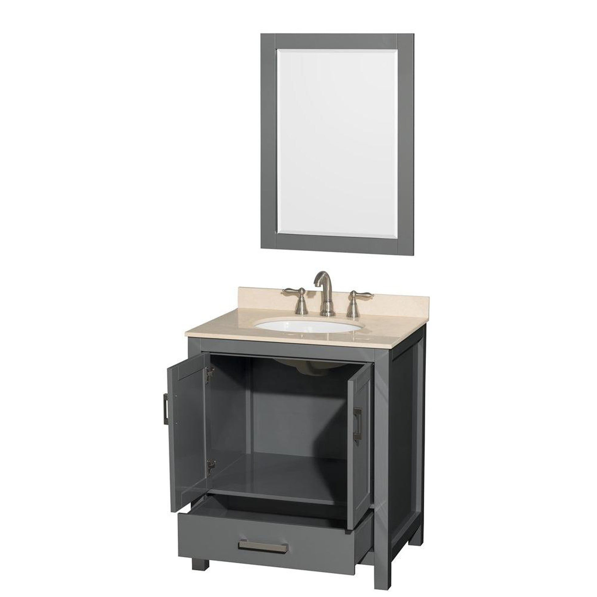 Wyndham Collection Sheffield 30" Single Bathroom Vanity in Dark Gray, Ivory Marble Countertop, Undermount Oval Sink, and 24" Mirror