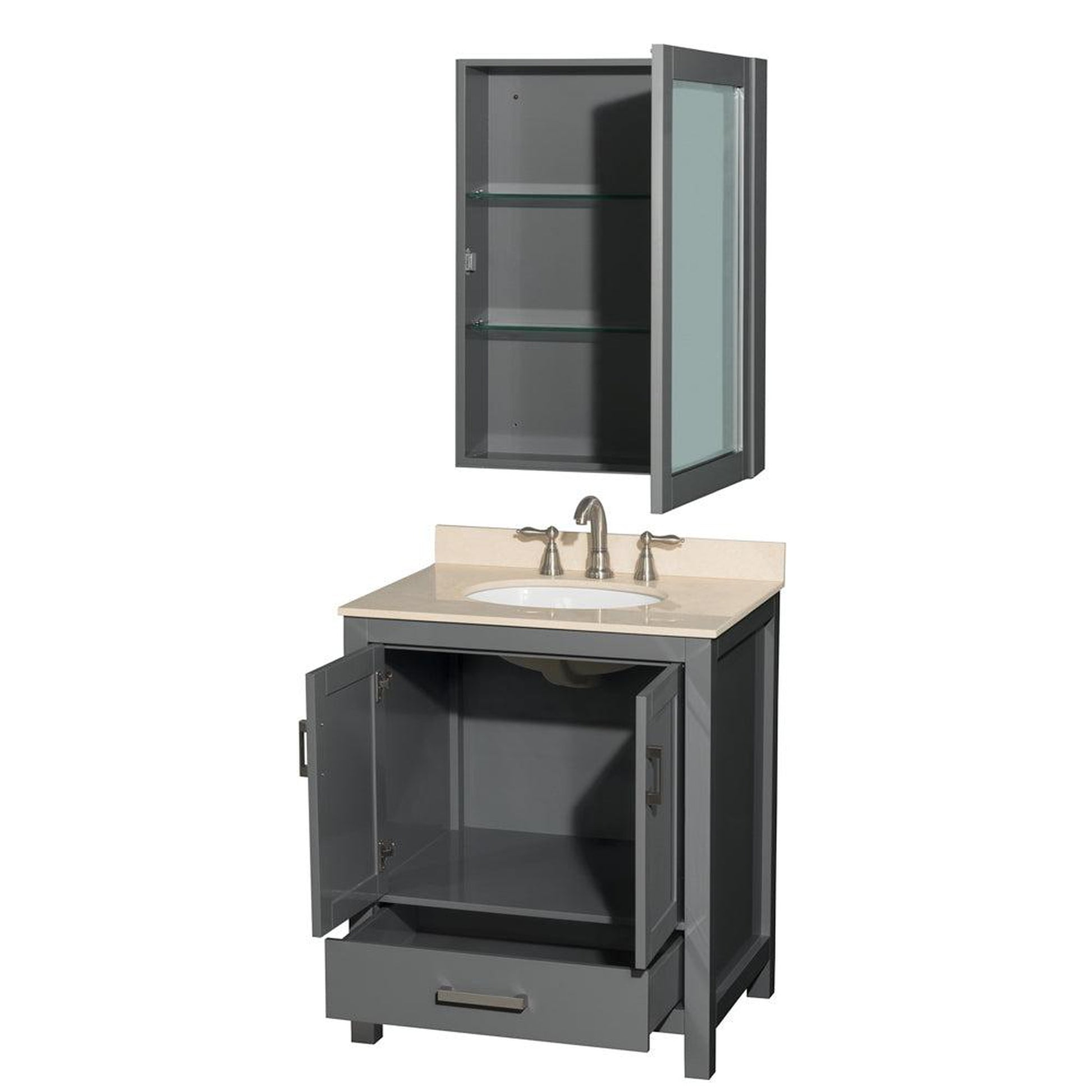 Wyndham Collection Sheffield 30" Single Bathroom Vanity in Dark Gray, Ivory Marble Countertop, Undermount Oval Sink, and Medicine Cabinet