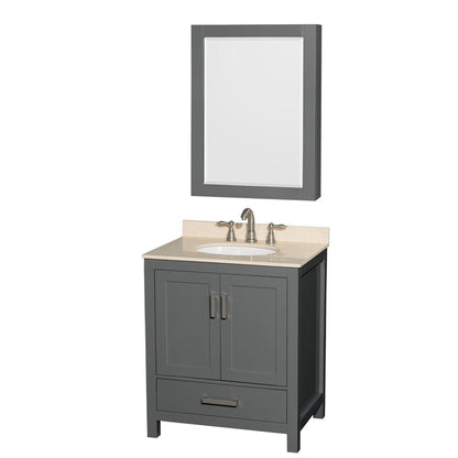 Wyndham Collection Sheffield 30" Single Bathroom Vanity in Dark Gray, Ivory Marble Countertop, Undermount Oval Sink, and Medicine Cabinet
