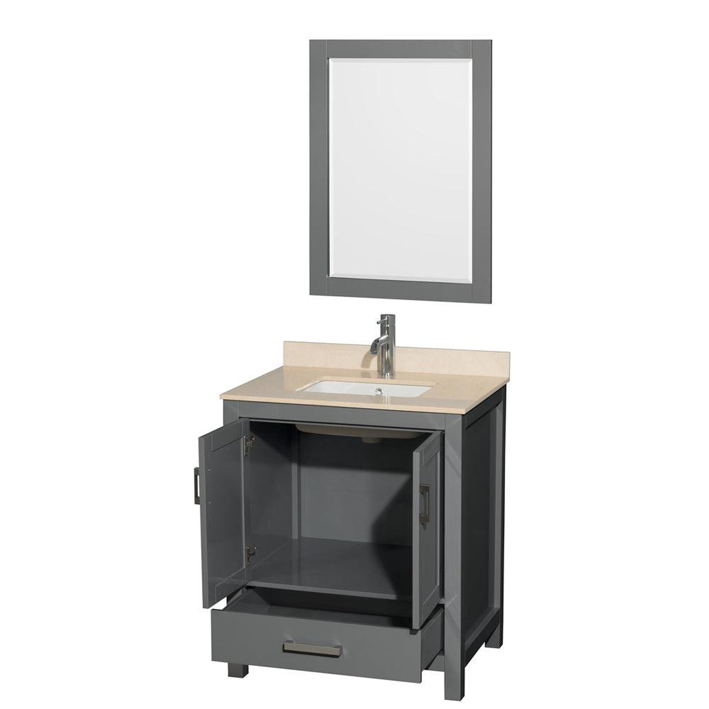 Wyndham Collection Sheffield 30" Single Bathroom Vanity in Dark Gray, Ivory Marble Countertop, Undermount Square Sink, and 24" Mirror