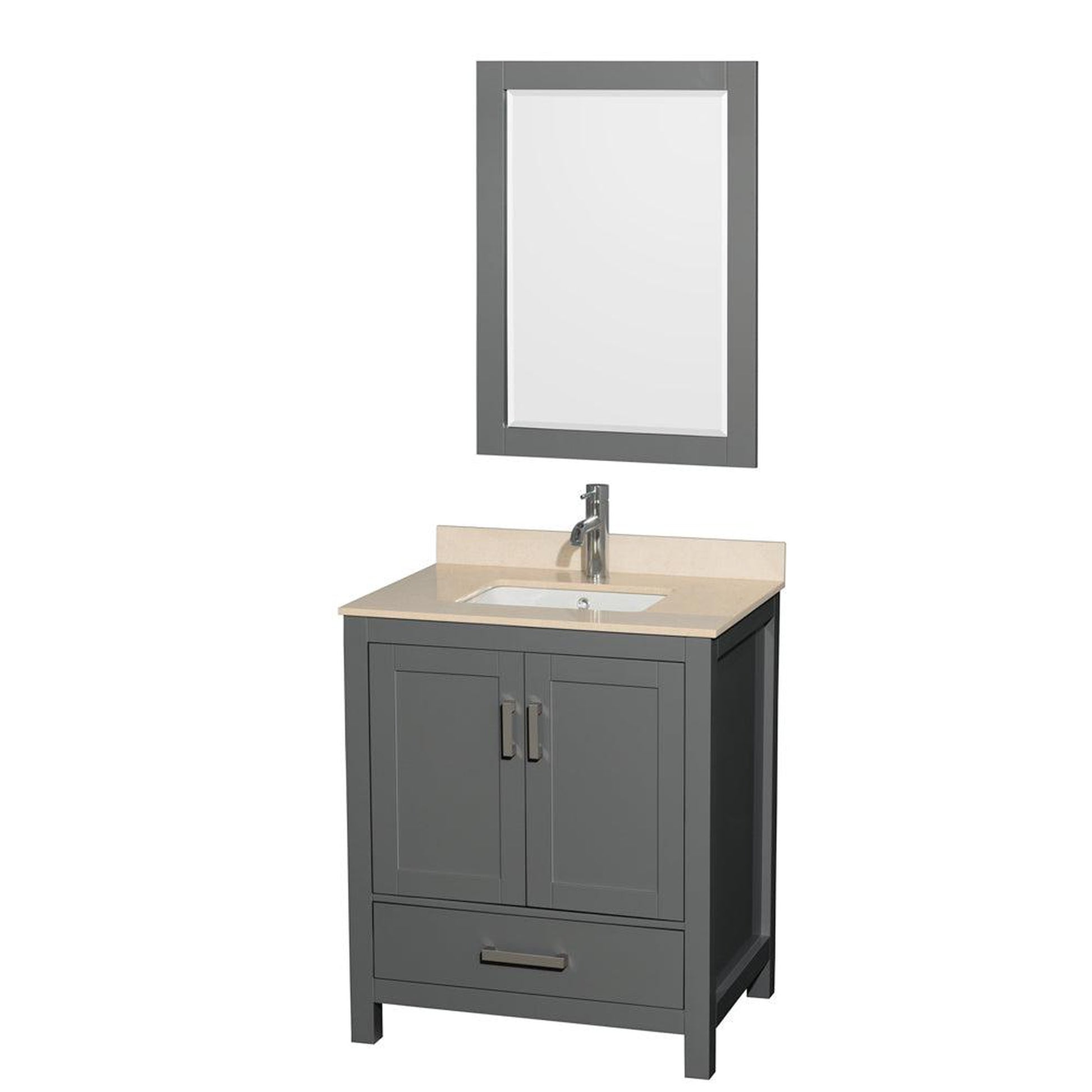 Wyndham Collection Sheffield 30" Single Bathroom Vanity in Dark Gray, Ivory Marble Countertop, Undermount Square Sink, and 24" Mirror