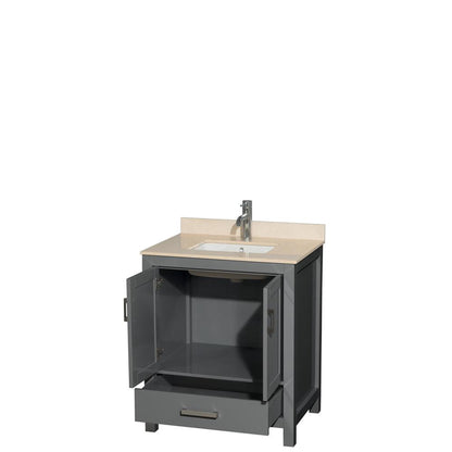 Wyndham Collection Sheffield 30" Single Bathroom Vanity in Dark Gray, Ivory Marble Countertop, Undermount Square Sink, and No Mirror