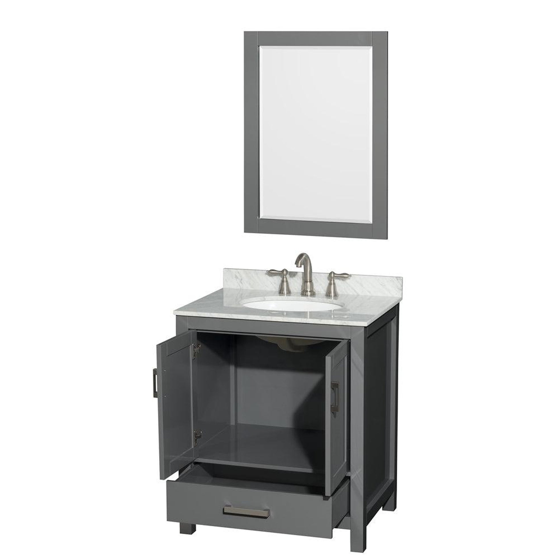 Wyndham Collection Sheffield 30" Single Bathroom Vanity in Dark Gray, White Carrara Marble Countertop, Undermount Oval Sink, and 24" Mirror