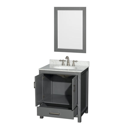 Wyndham Collection Sheffield 30" Single Bathroom Vanity in Dark Gray, White Carrara Marble Countertop, Undermount Oval Sink, and 24" Mirror