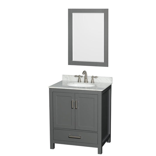 Wyndham Collection Sheffield 30" Single Bathroom Vanity in Dark Gray, White Carrara Marble Countertop, Undermount Oval Sink, and 24" Mirror