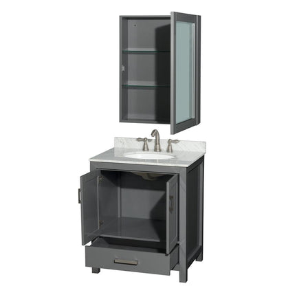 Wyndham Collection Sheffield 30" Single Bathroom Vanity in Dark Gray, White Carrara Marble Countertop, Undermount Oval Sink, and Medicine Cabinet