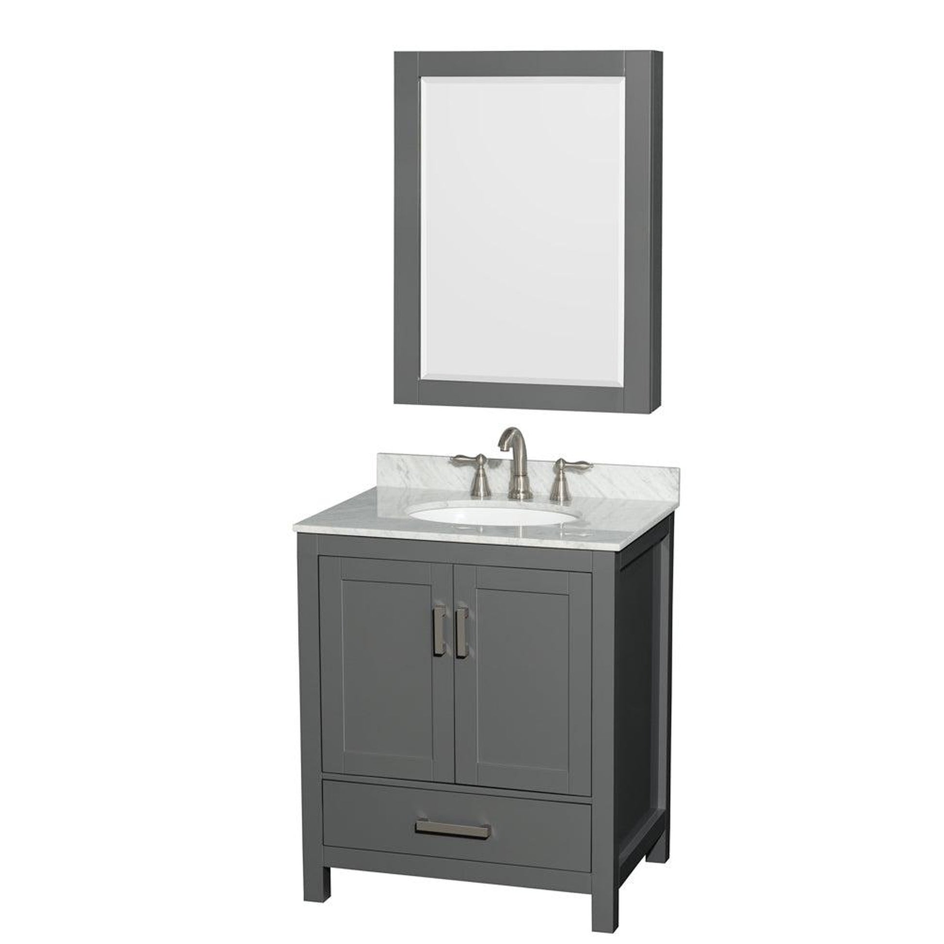 Wyndham Collection Sheffield 30" Single Bathroom Vanity in Dark Gray, White Carrara Marble Countertop, Undermount Oval Sink, and Medicine Cabinet