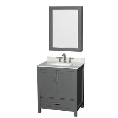Wyndham Collection Sheffield 30" Single Bathroom Vanity in Dark Gray, White Carrara Marble Countertop, Undermount Oval Sink, and Medicine Cabinet