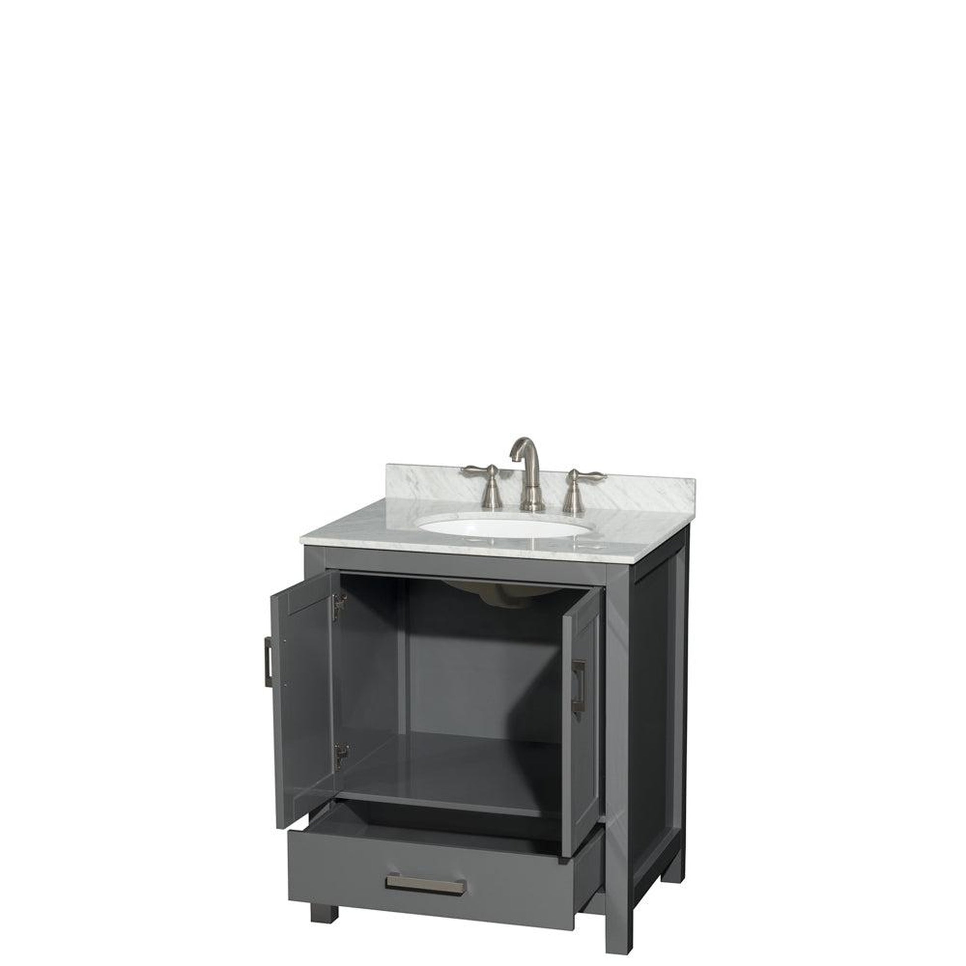 Wyndham Collection Sheffield 30" Single Bathroom Vanity in Dark Gray, White Carrara Marble Countertop, Undermount Oval Sink, and No Mirror