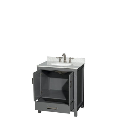 Wyndham Collection Sheffield 30" Single Bathroom Vanity in Dark Gray, White Carrara Marble Countertop, Undermount Oval Sink, and No Mirror