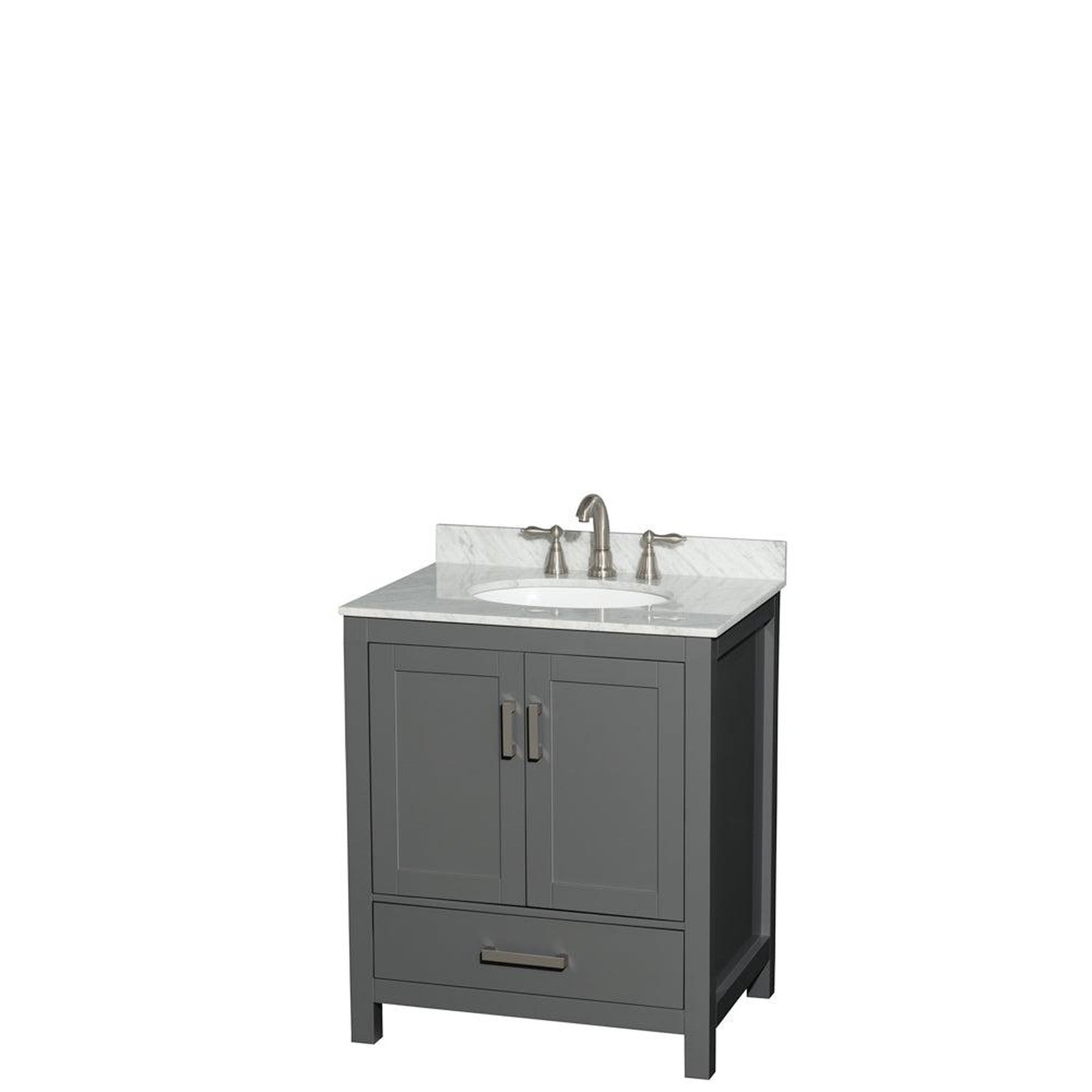 Wyndham Collection Sheffield 30" Single Bathroom Vanity in Dark Gray, White Carrara Marble Countertop, Undermount Oval Sink, and No Mirror