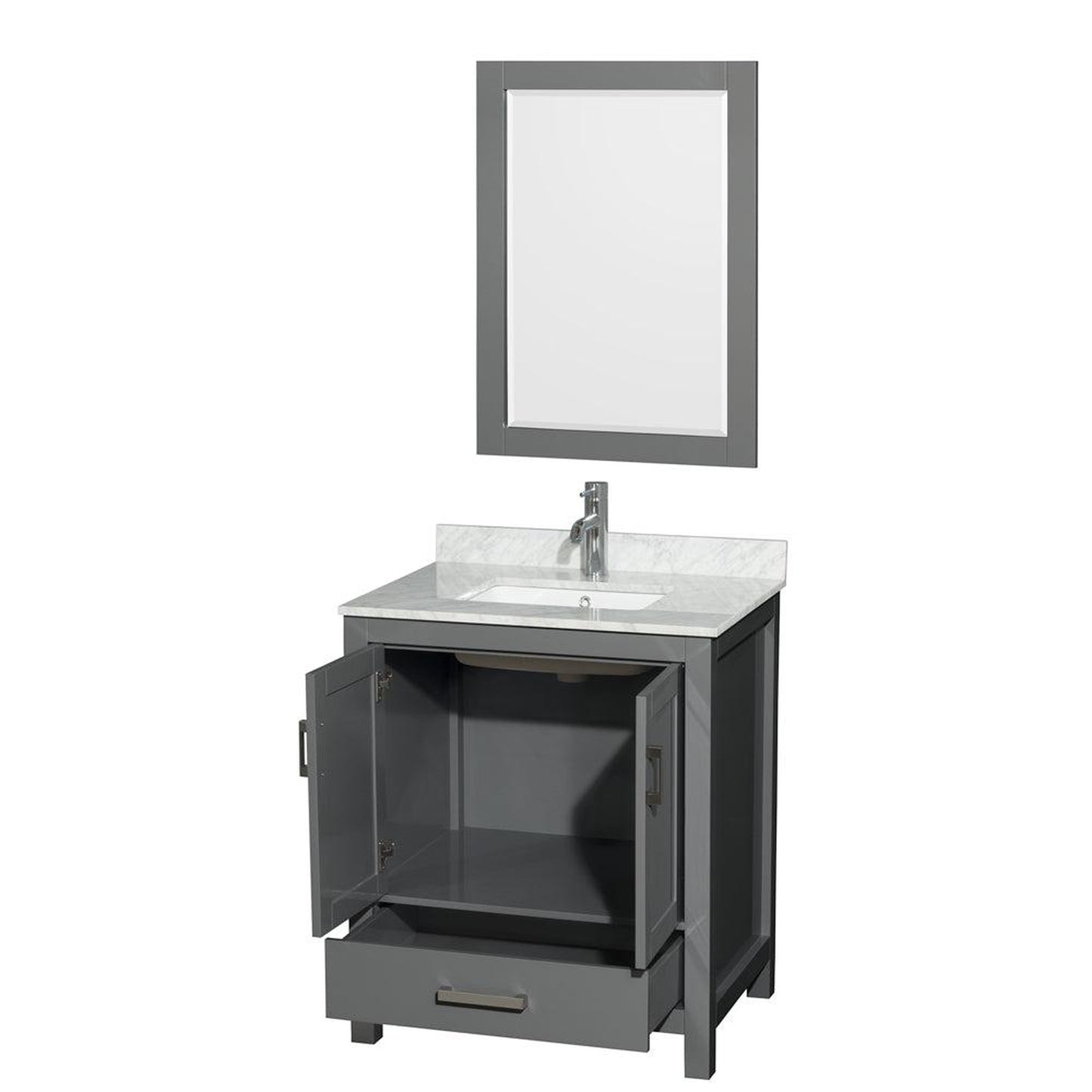 Wyndham Collection Sheffield 30" Single Bathroom Vanity in Dark Gray, White Carrara Marble Countertop, Undermount Square Sink, and 24" Mirror