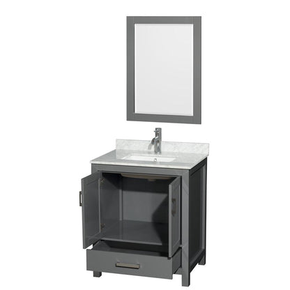 Wyndham Collection Sheffield 30" Single Bathroom Vanity in Dark Gray, White Carrara Marble Countertop, Undermount Square Sink, and 24" Mirror