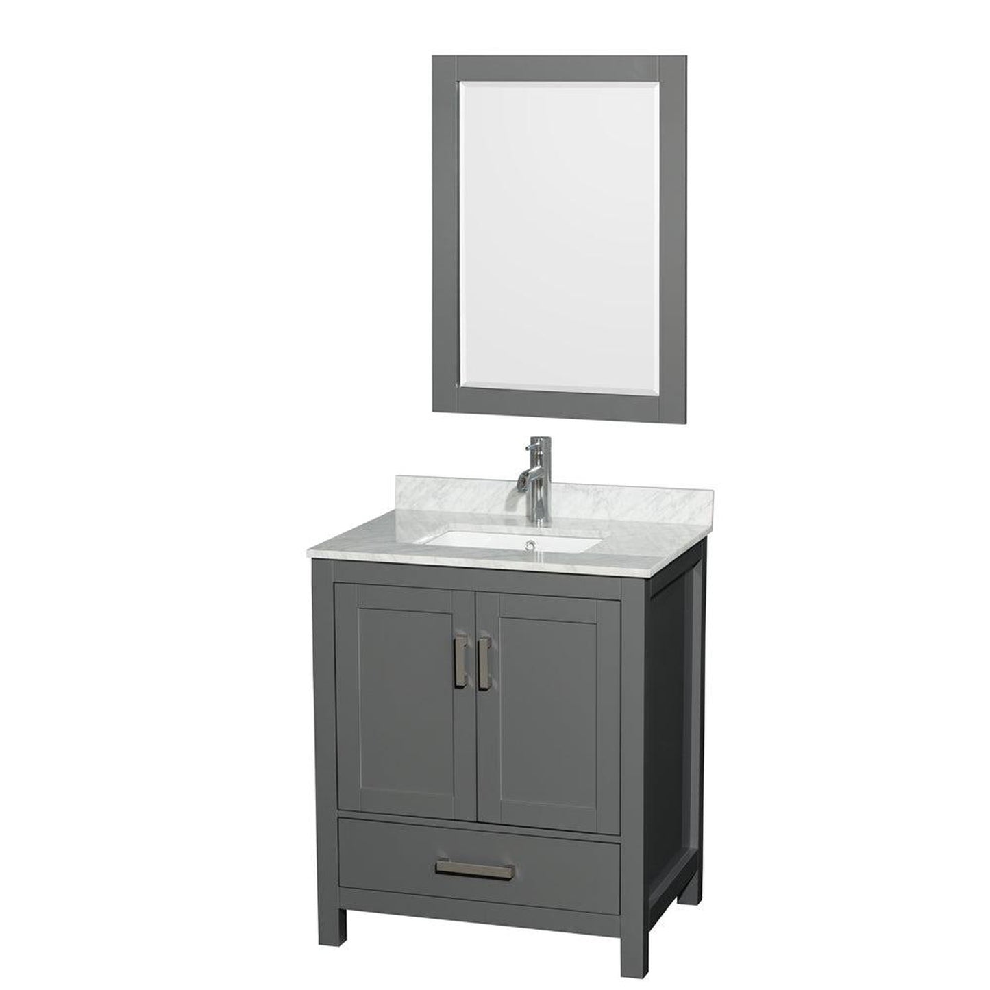 Wyndham Collection Sheffield 30" Single Bathroom Vanity in Dark Gray, White Carrara Marble Countertop, Undermount Square Sink, and 24" Mirror