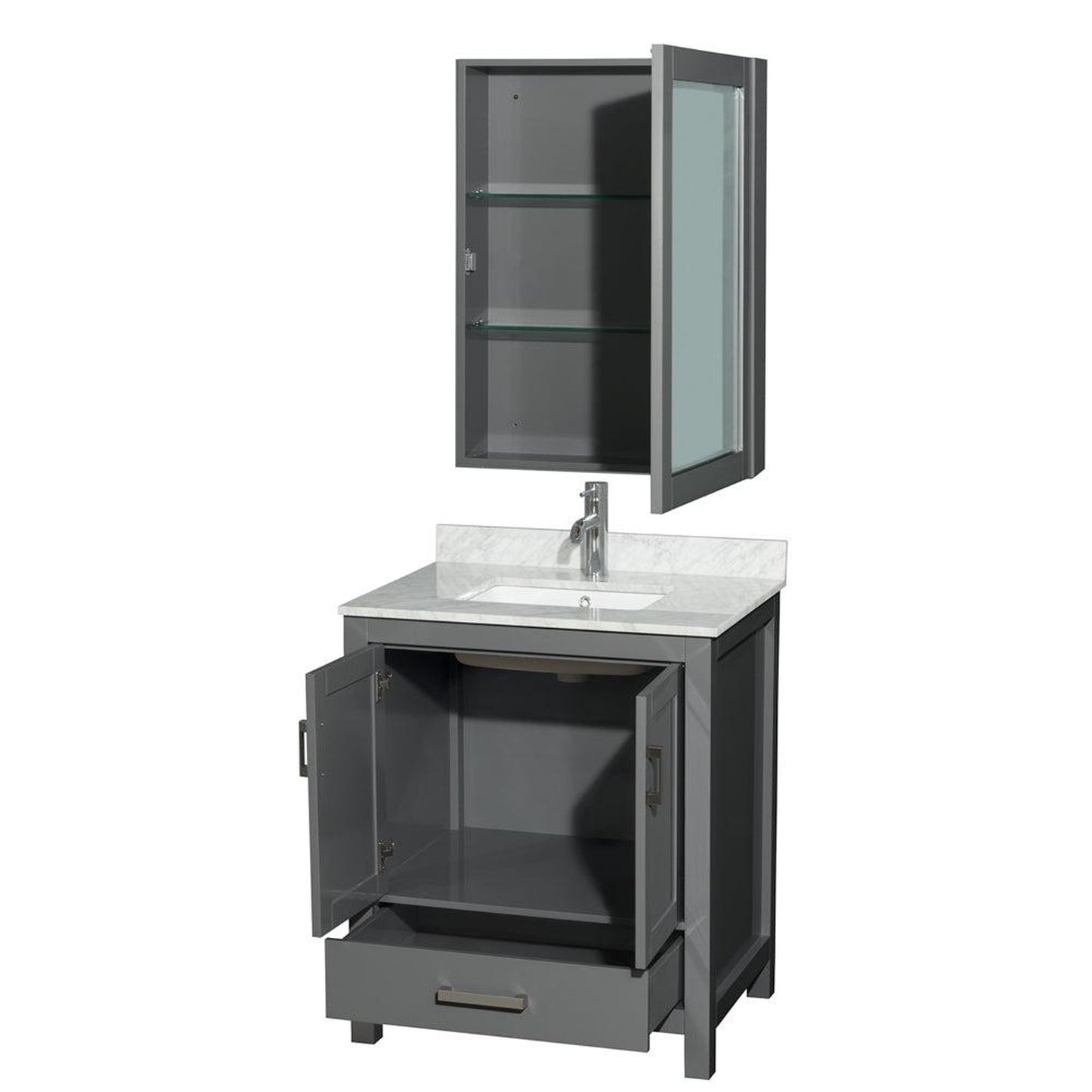 Wyndham Collection Sheffield 30" Single Bathroom Vanity in Dark Gray, White Carrara Marble Countertop, Undermount Square Sink, and Medicine Cabinet