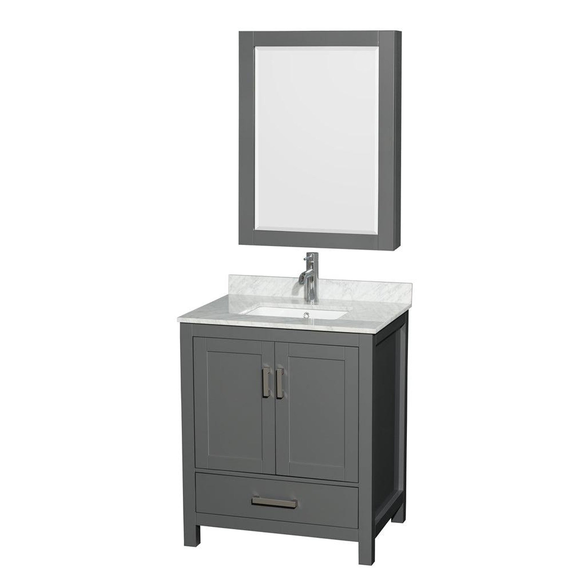 Wyndham Collection Sheffield 30" Single Bathroom Vanity in Dark Gray, White Carrara Marble Countertop, Undermount Square Sink, and Medicine Cabinet