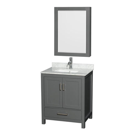 Wyndham Collection Sheffield 30" Single Bathroom Vanity in Dark Gray, White Carrara Marble Countertop, Undermount Square Sink, and Medicine Cabinet